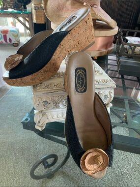 Salpy Lily black mules snake-embossed leather upper cork wedge floral accent 6.5